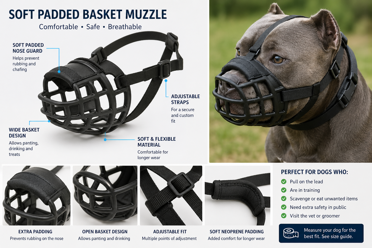 Dog Muzzle - Breathable Basket Muzzle with Reflective Strap