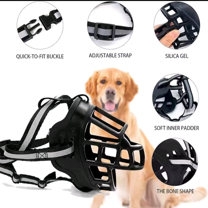 Dog Muzzle - Breathable Basket Muzzle with Reflective Strap