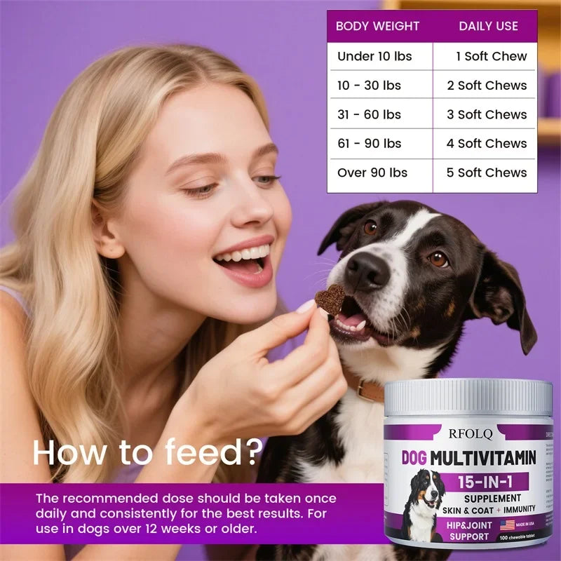 Dog Multivitamin - 15-in-1 Hip & Joint Support with Probiotics (100 Tablets)