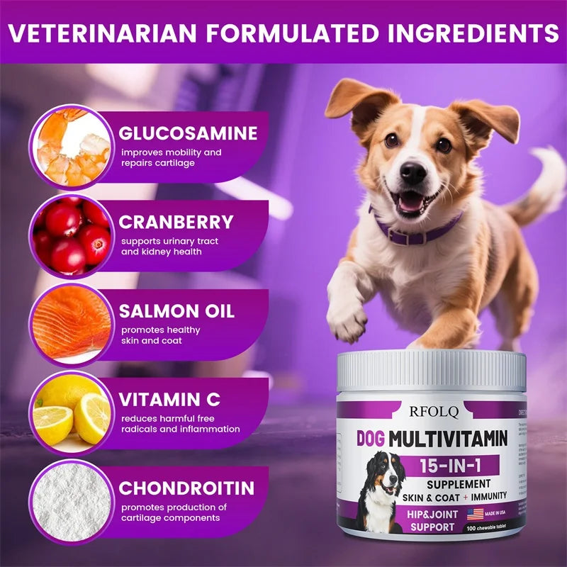 Dog Multivitamin - 15-in-1 Hip & Joint Support with Probiotics (100 Tablets)