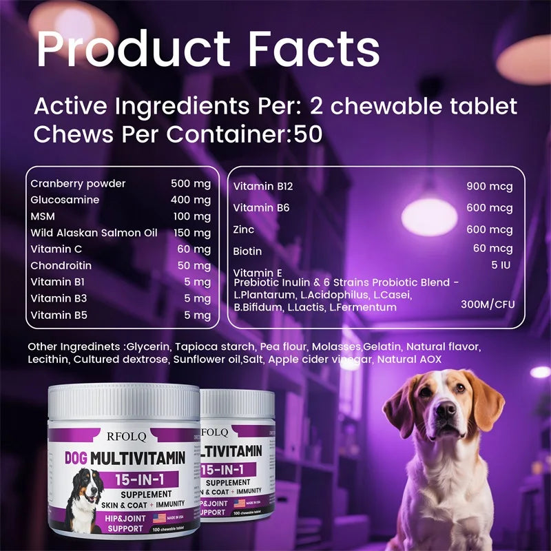 Dog Multivitamin - 15-in-1 Hip & Joint Support with Probiotics (100 Tablets)